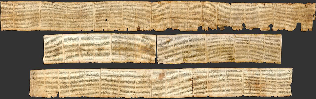 Photographic reproduction of the Great Isaiah Scroll, the best preserved of the biblical scrolls found at Qumran. It contains the entire Book of Isaiah in Hebrew, apart from some small damaged parts.